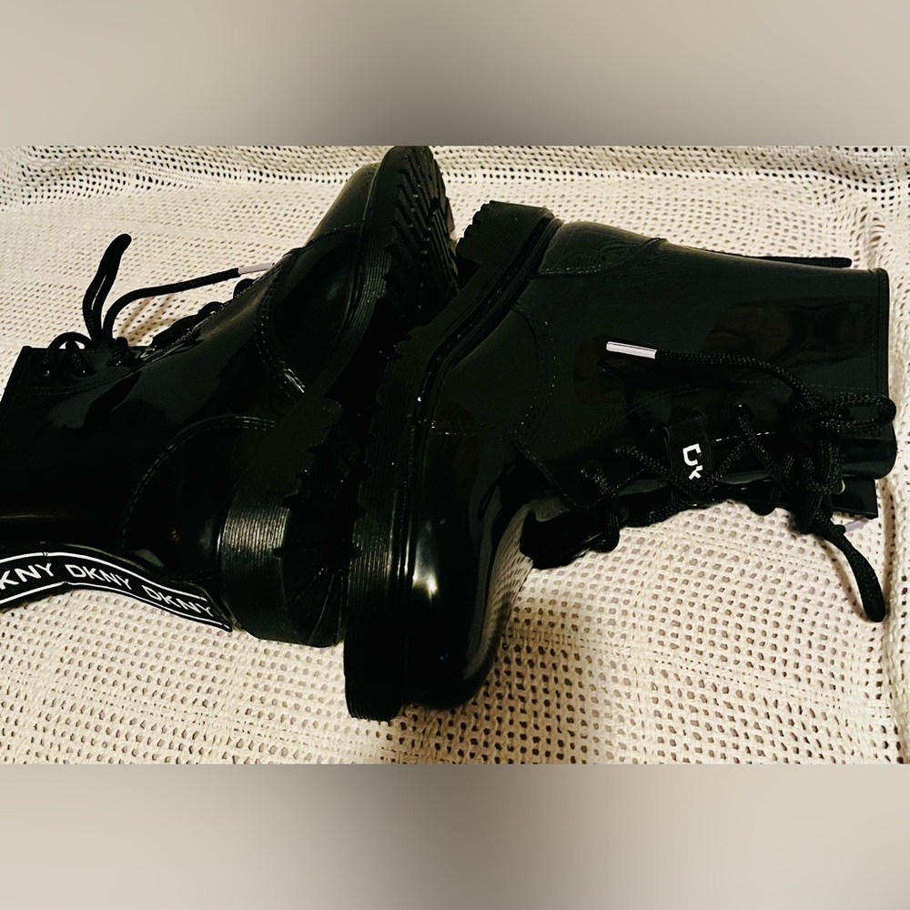 DKNY Glossy Black Lace-Up Combat Boots - Picture 5 of 5